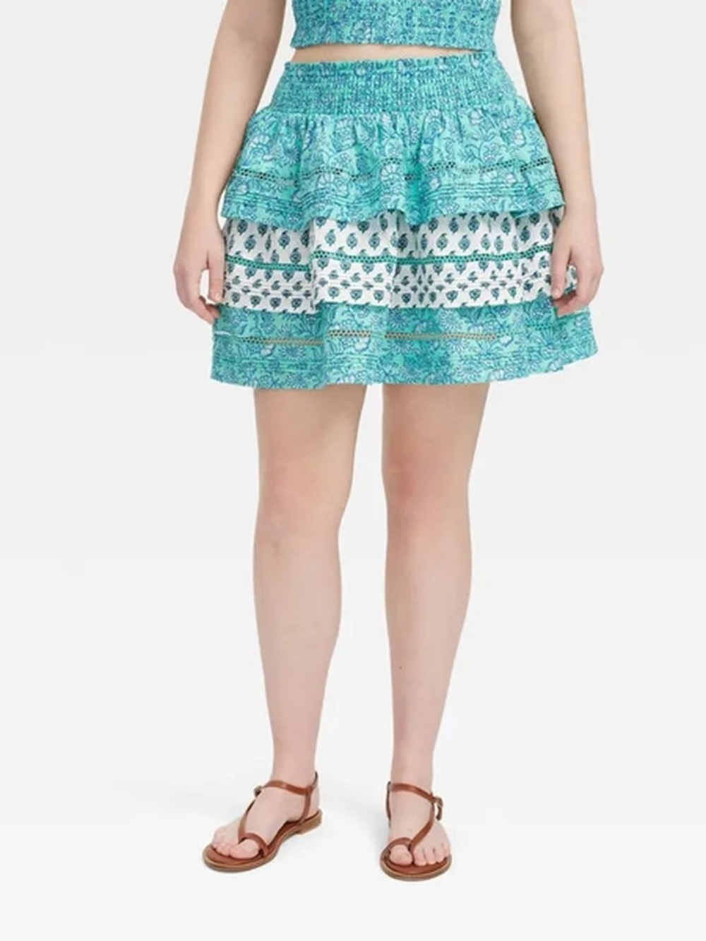 Roller Rabbit Floral Tiered Mini Skirt Medium Aqua Blue And White